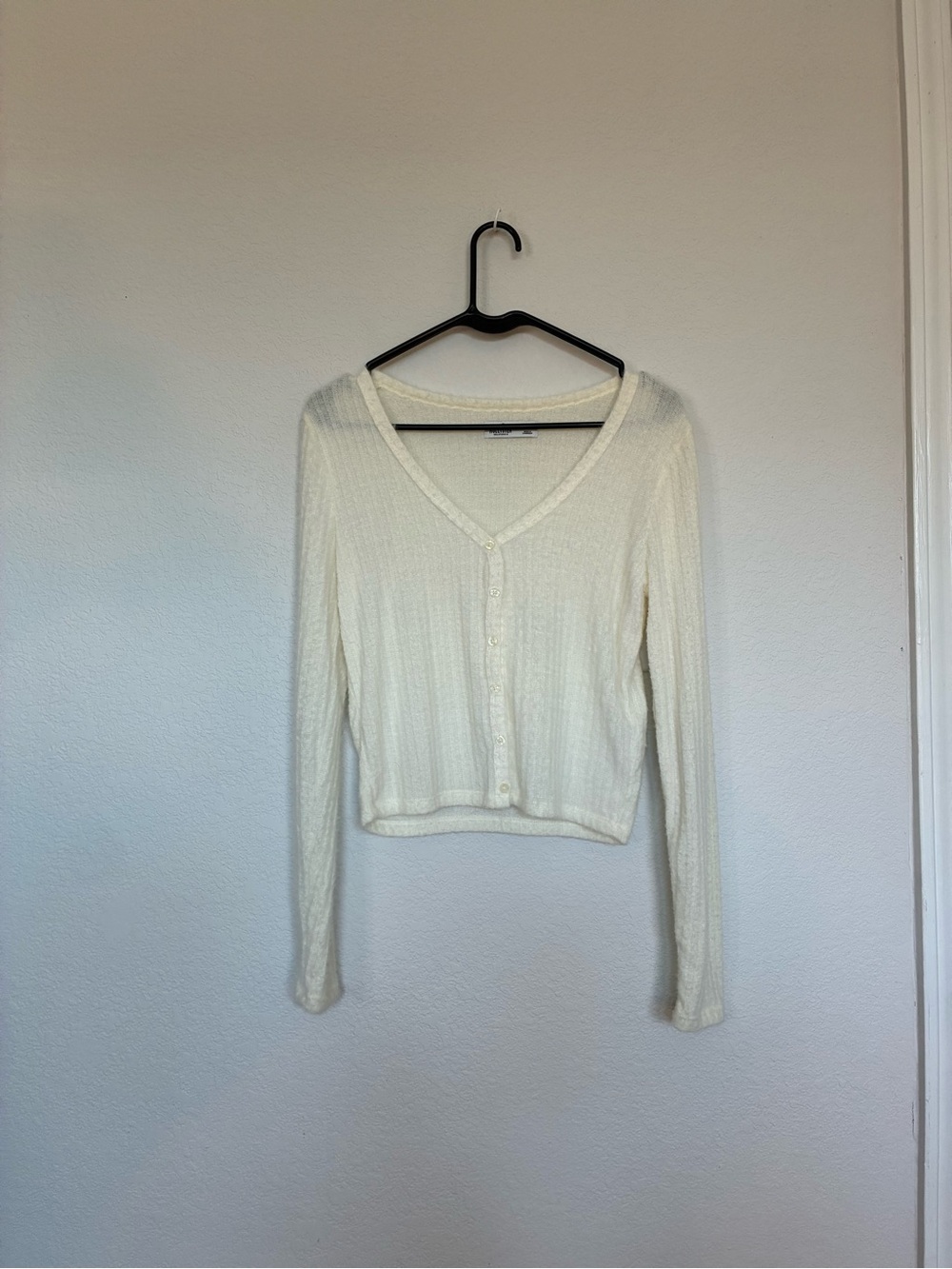 Hollister Cream Fuzzy Ribbed Button Front Cropped Cardigan Sweater Size Large